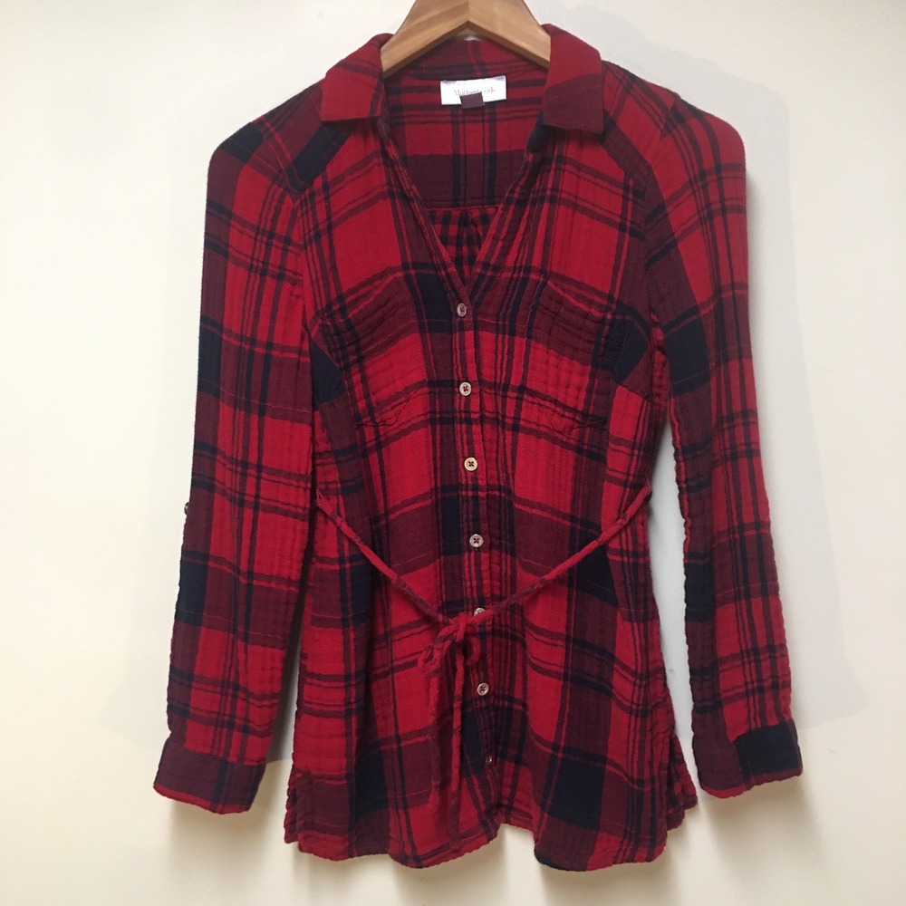 Motherhood Maternity Button Down Shirt Women Small Red Plaid Gauze Waist Tie
